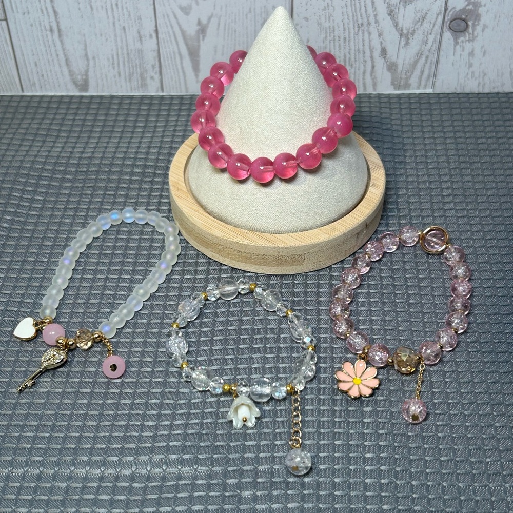 Pink and Clear Beaded Bracelets Set